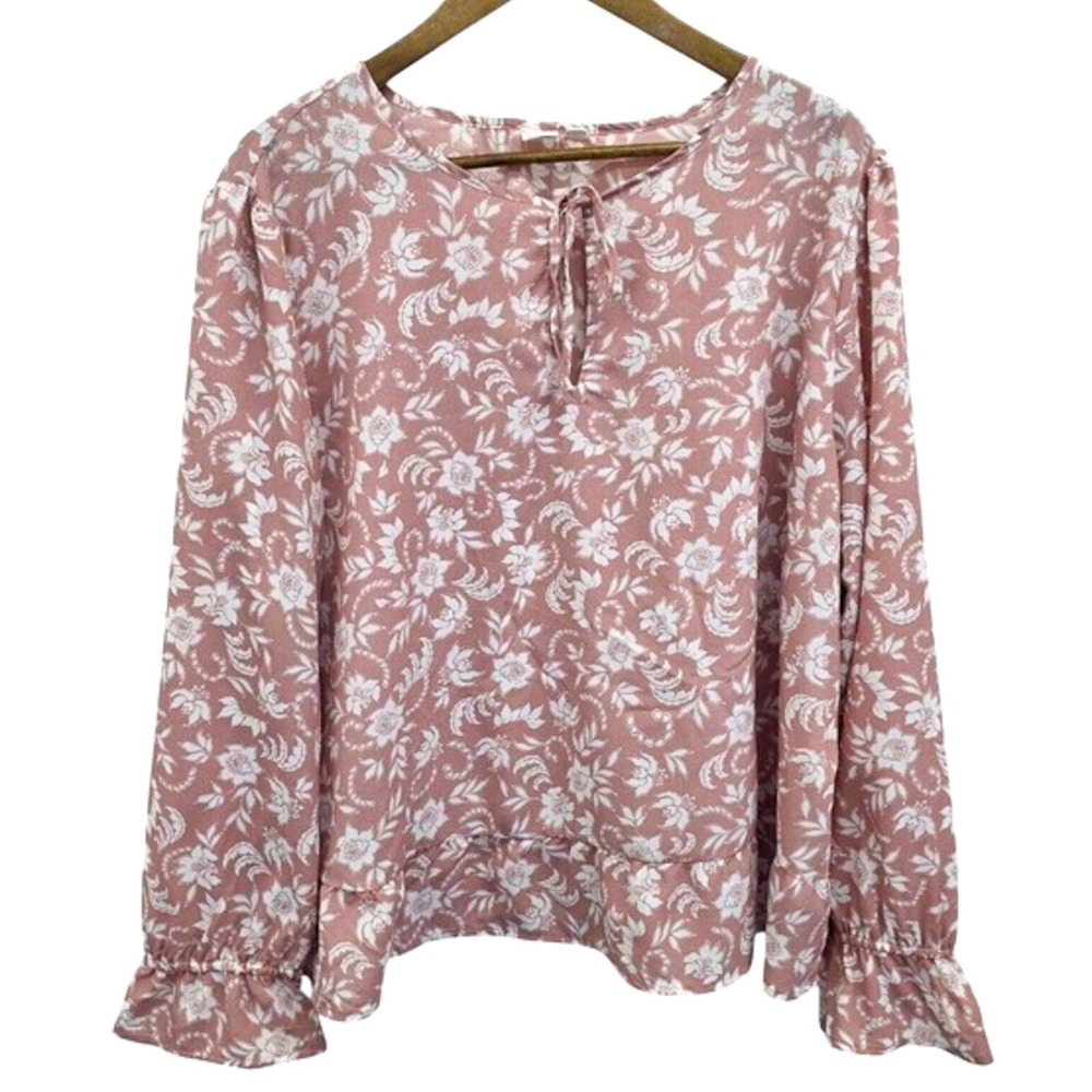 Pink Floral Tie Neck Blouse Long Sleeve Ruffle‎ Cuff Romantic Boho Womens XXL